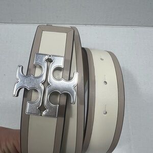 Tory Burch Eleanor 1.25" Color-Block Belt Cream/Longan Size: S Retail: $248